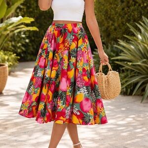 Tropical Print Floral Midi Colorful Statement Circle Skirt in Teal and Pink
